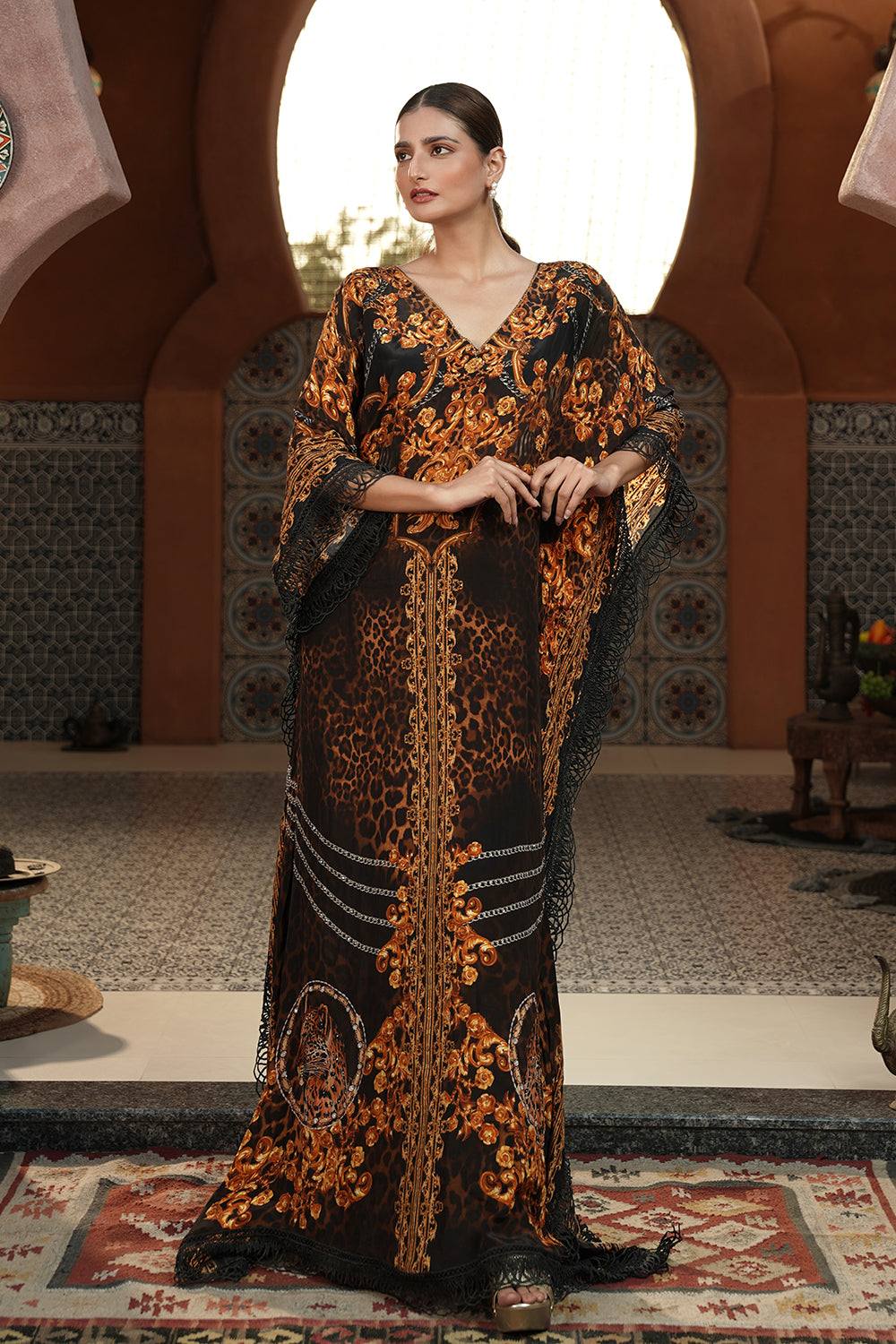 Black & Gold Printed  Kaftan Gown