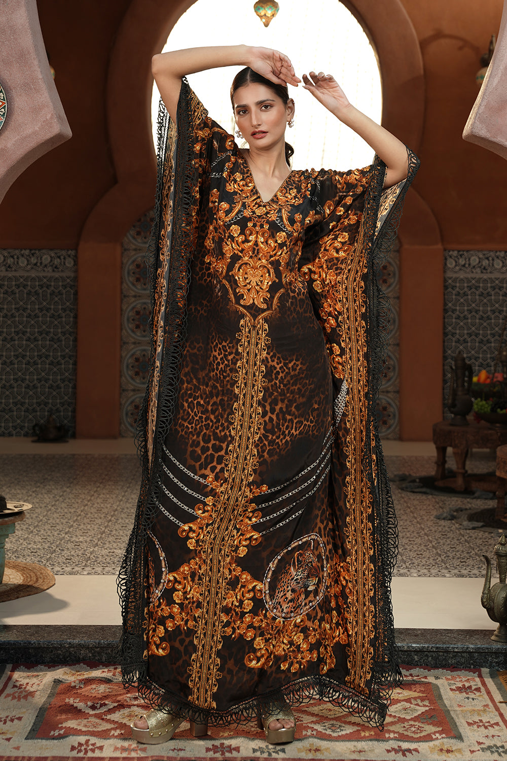 Black & Gold Printed  Kaftan Gown