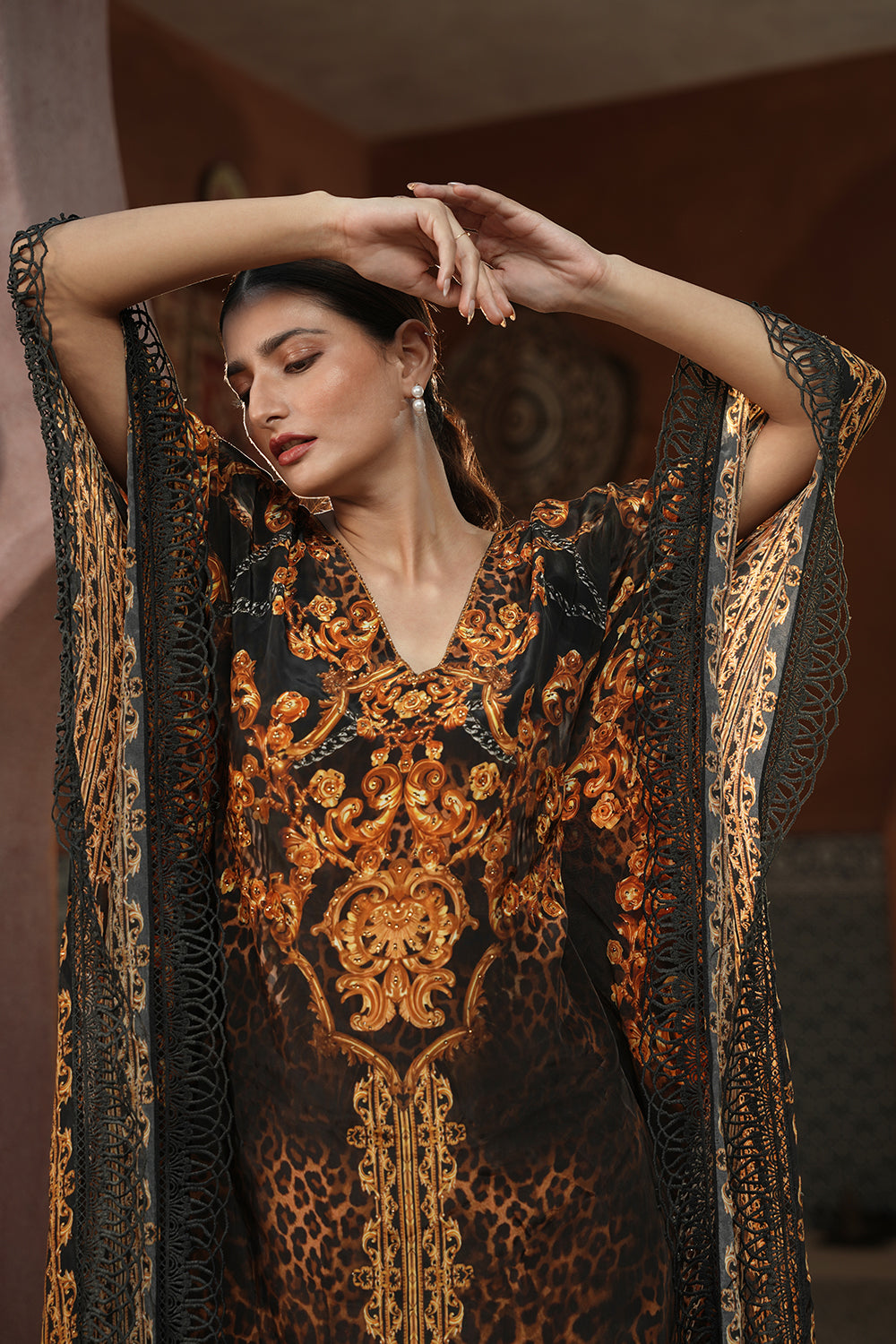 Black & Gold Printed  Kaftan Gown