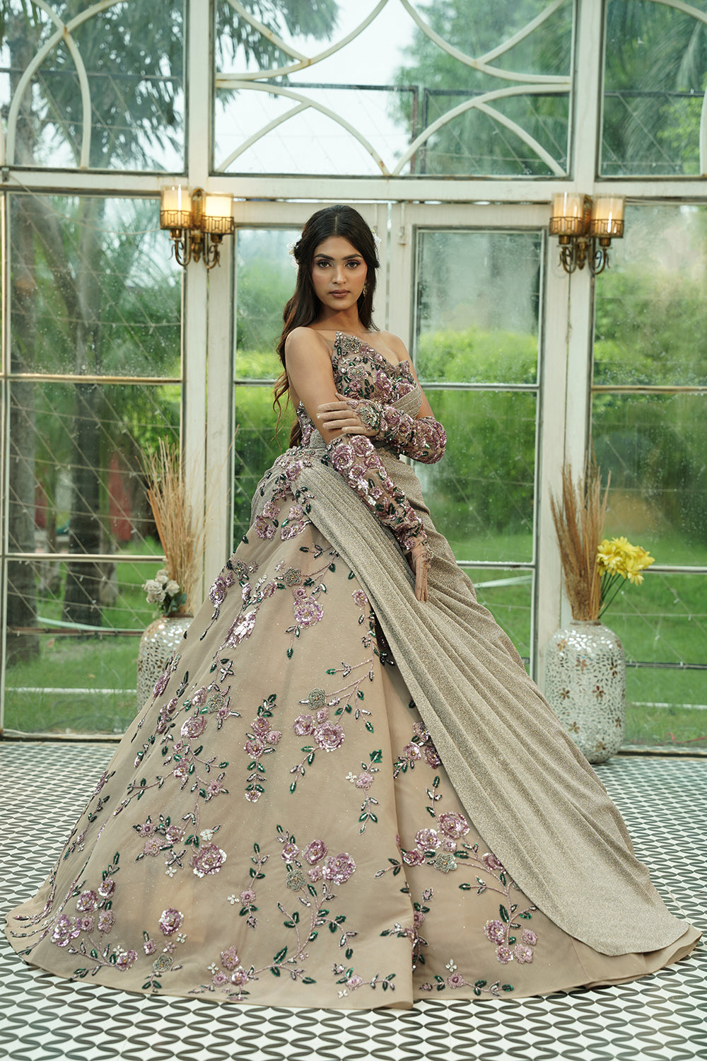 Blush Lavender Embroidered Off-Shoulder Ball Gown with Draped Detail