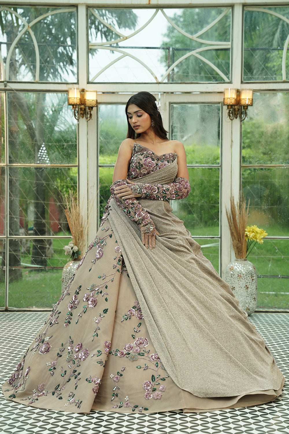 Blush Lavender Embroidered Off-Shoulder Ball Gown with Draped Detail