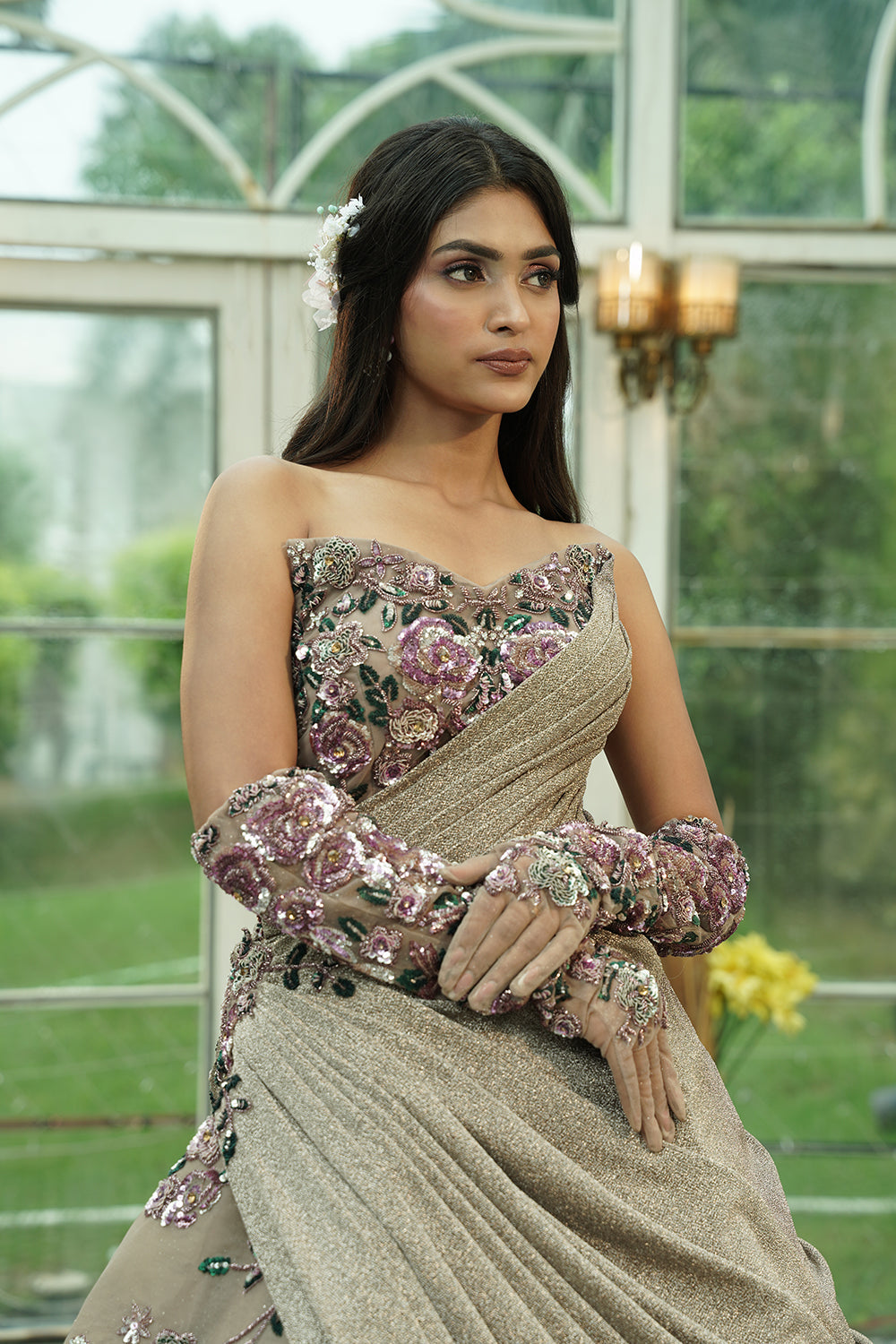 Blush Lavender Embroidered Off-Shoulder Ball Gown with Draped Detail