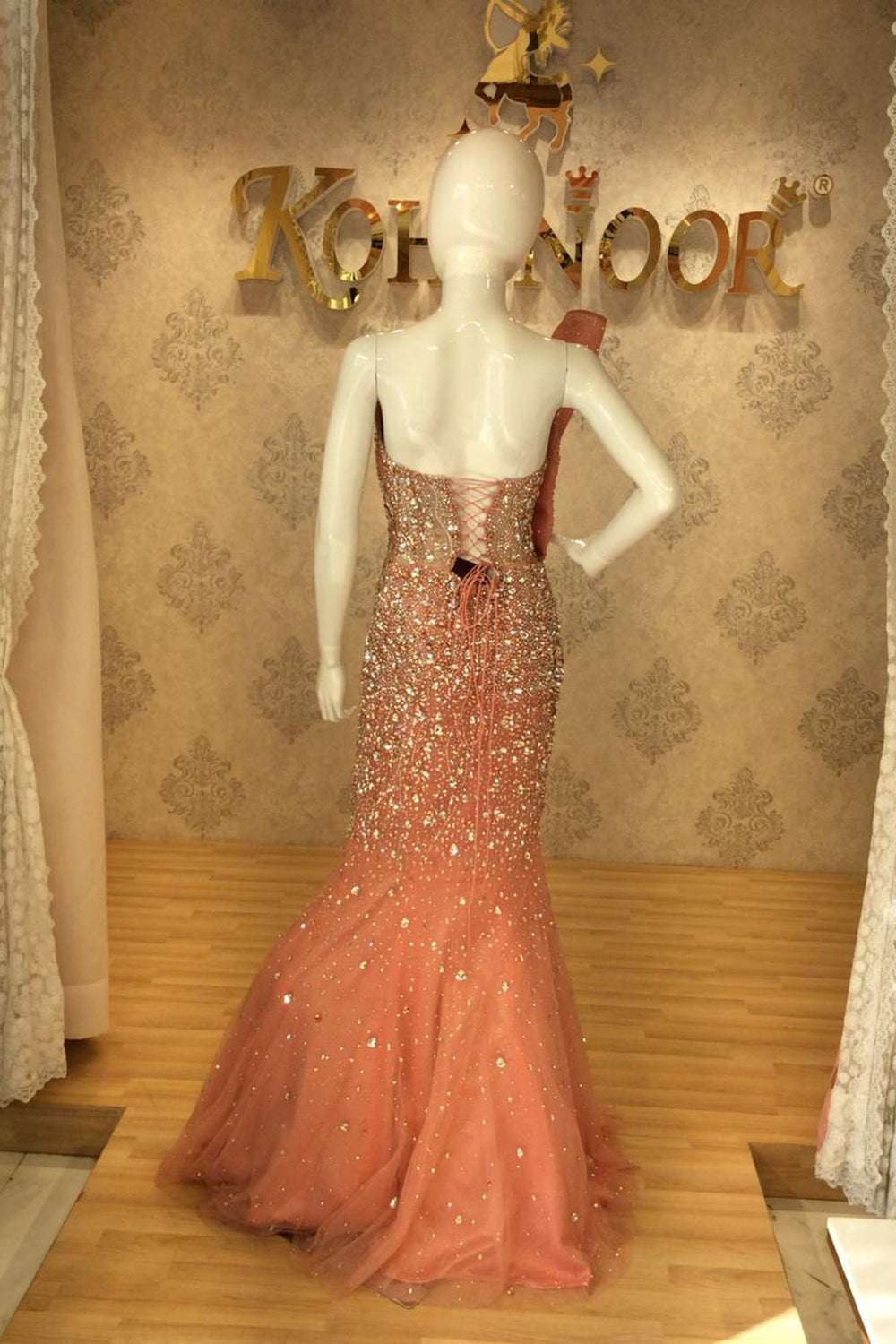 Blush Pearl-Embellished One-Shoulder Mermaid Gown
