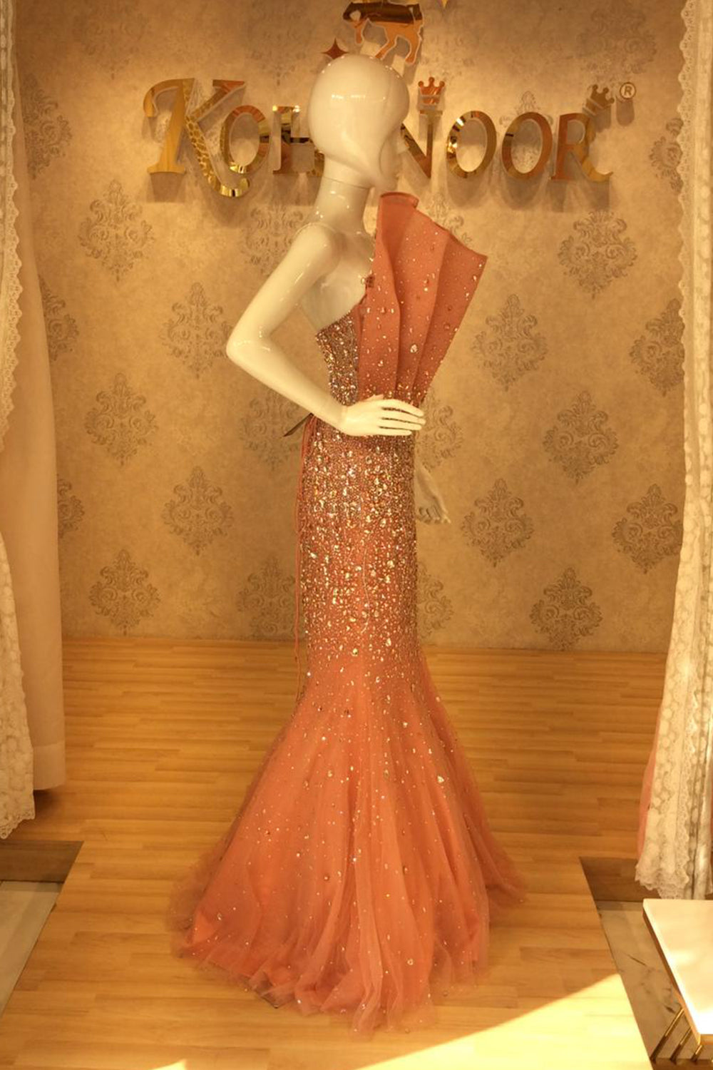 Blush Pearl-Embellished One-Shoulder Mermaid Gown