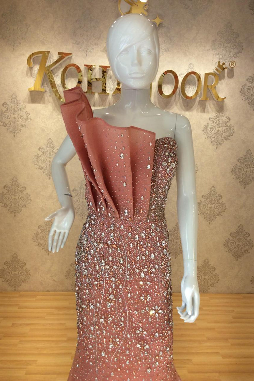 Blush Pearl-Embellished One-Shoulder Mermaid Gown