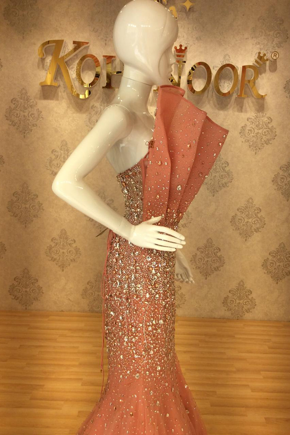 Blush Pearl-Embellished One-Shoulder Mermaid Gown