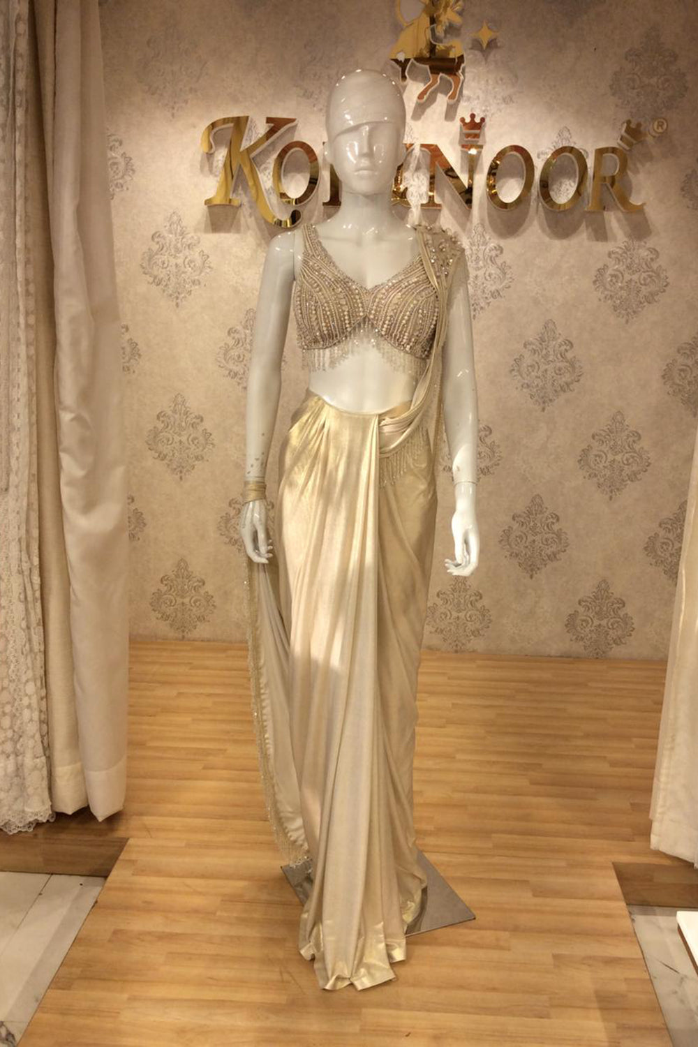 Champagne Gold Draped Saree Gown with Hand-Embellished Bustier