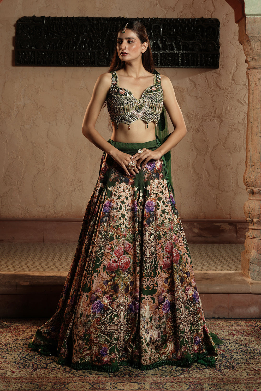 Embellished Blouse & Floral Lehenga Set