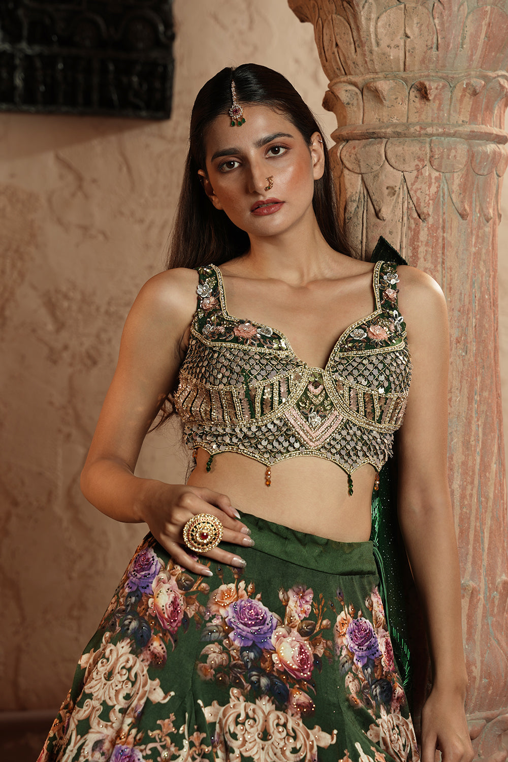 Embellished Blouse & Floral Lehenga Set