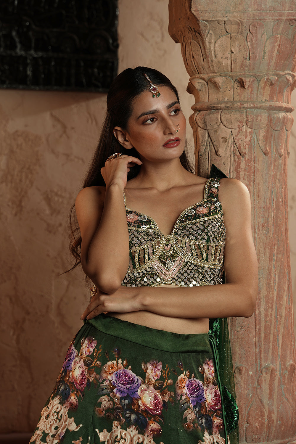 Embellished Blouse & Floral Lehenga Set