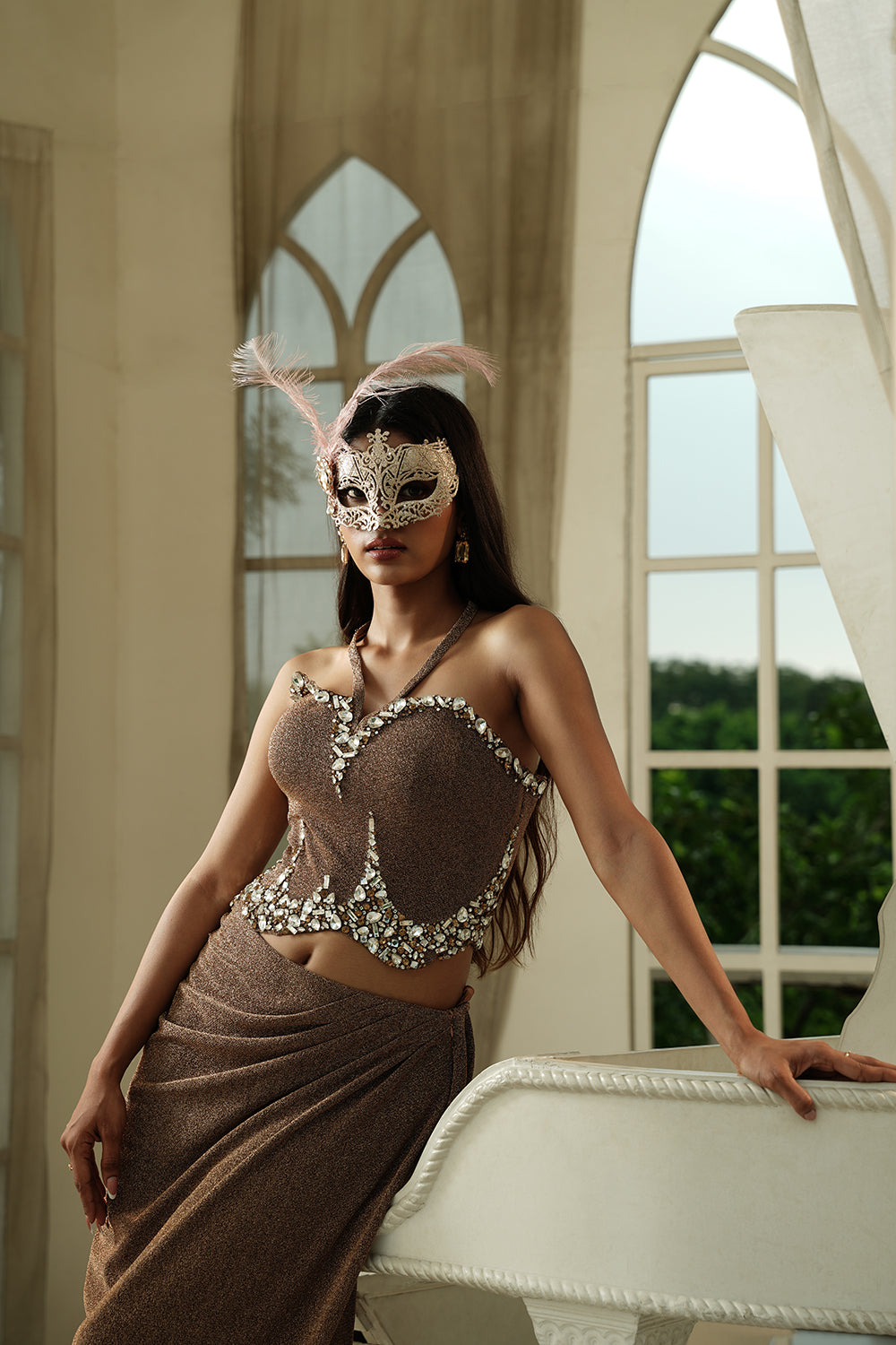 Embellished Corset-Style Blouse & Draped Skirt Set