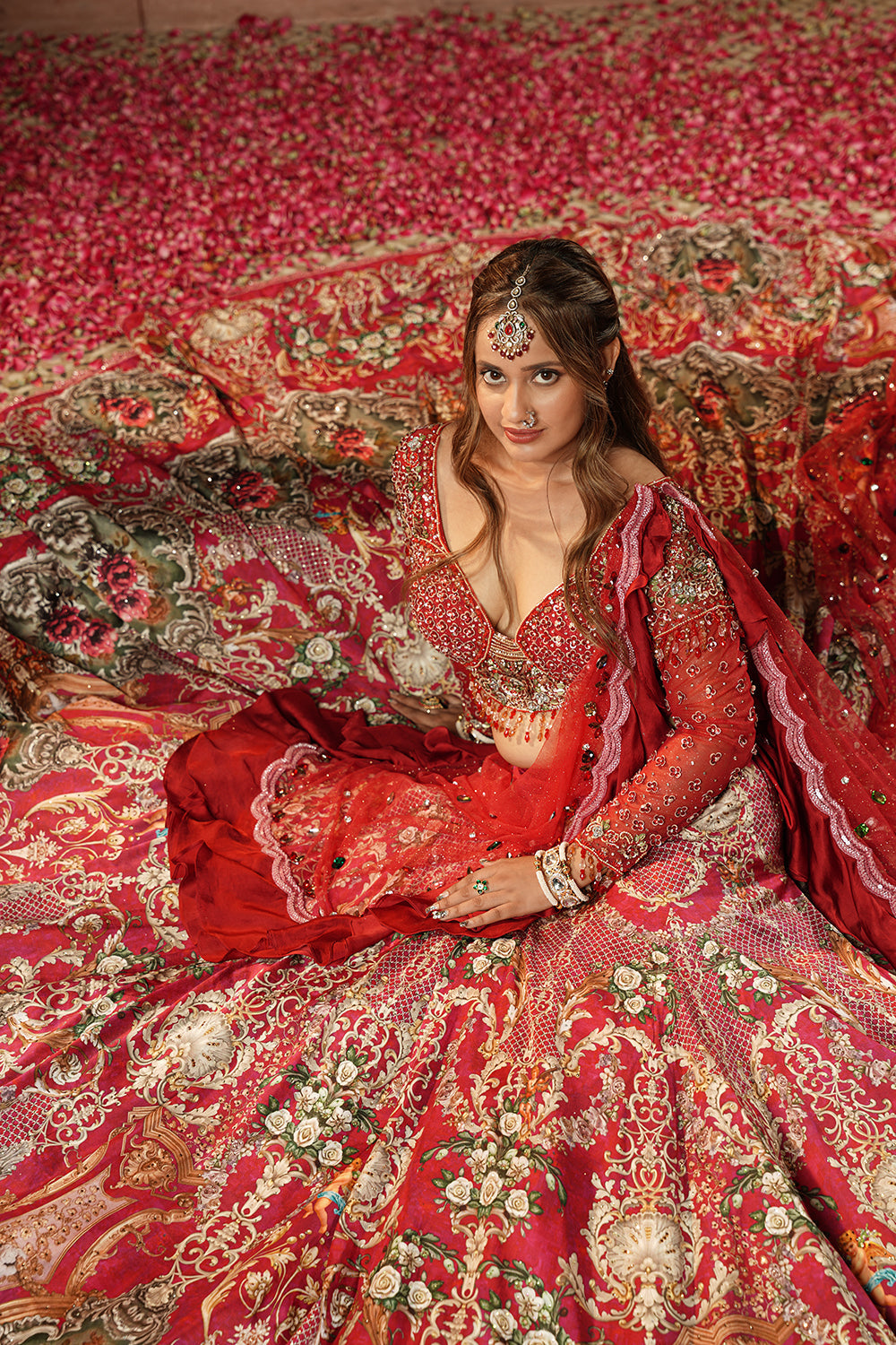 Embellished Pink & Red Bridal Lehenga Set