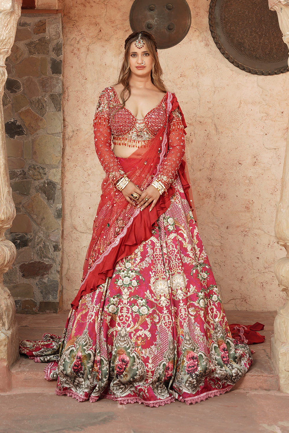 Embellished Pink & Red Bridal Lehenga Set