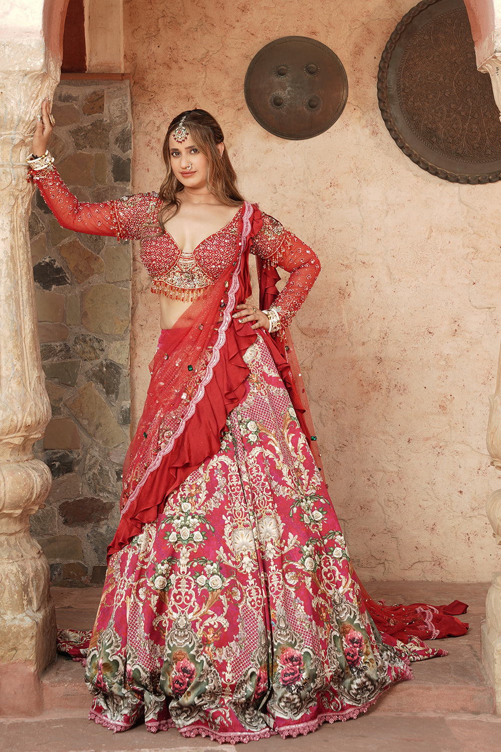 Embellished Pink & Red Bridal Lehenga Set