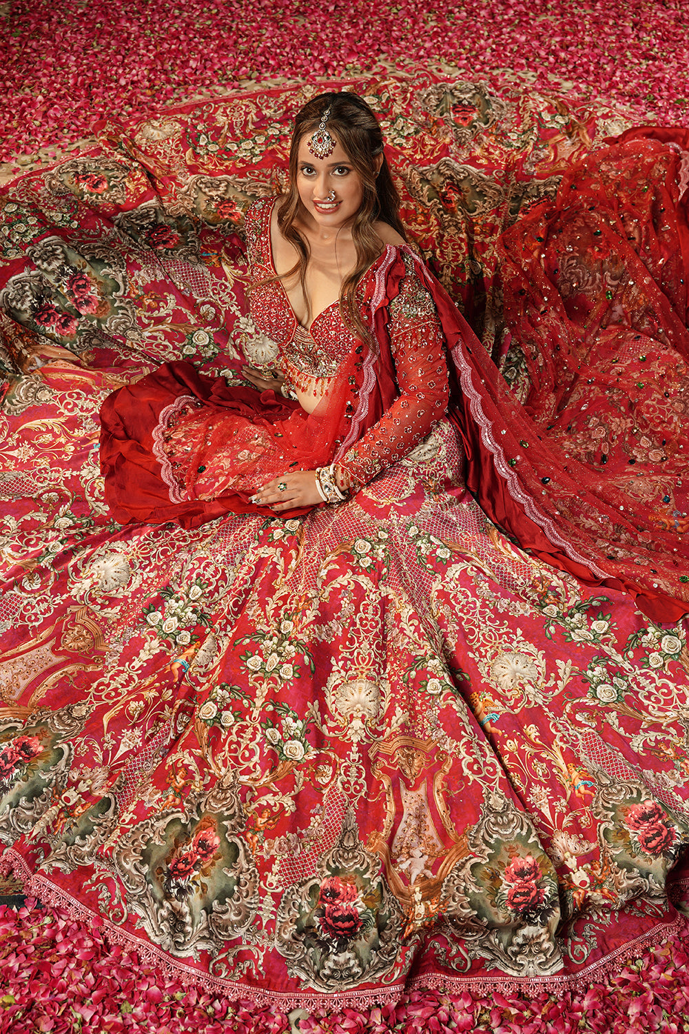 Embellished Pink & Red Bridal Lehenga Set