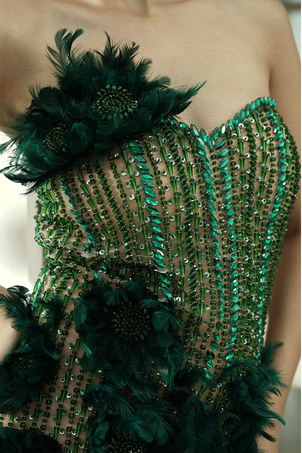 Emerald Feather-Embellished Corset Mini Dress
