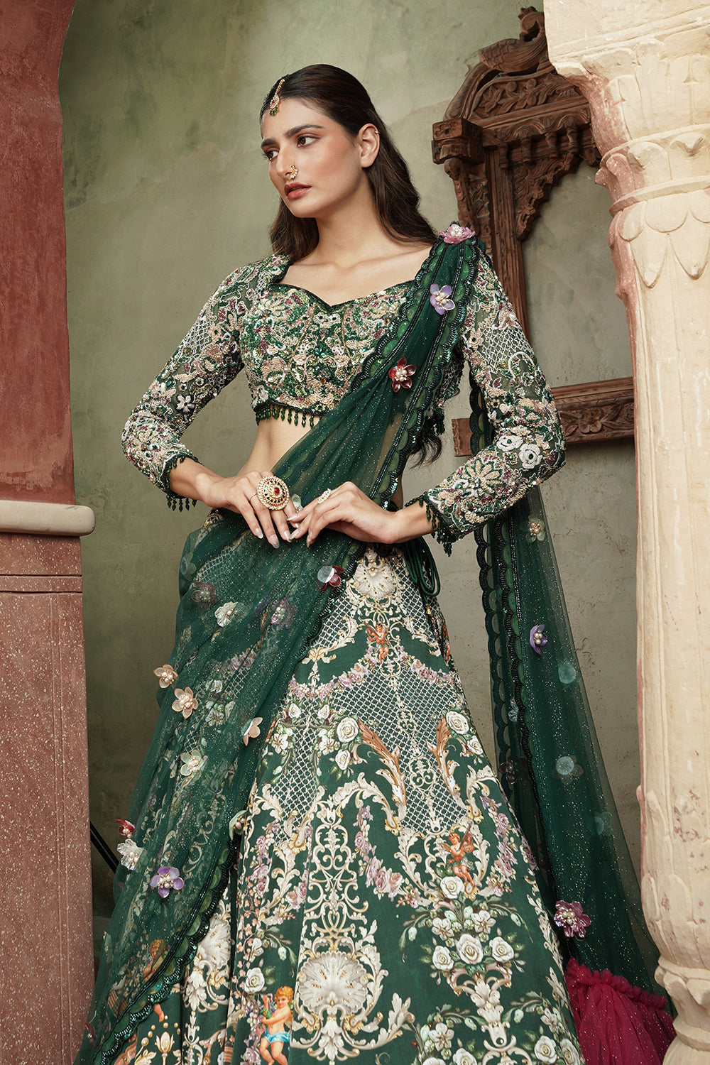 Emerald Green Floral Embroidered Luxury Lehenga Set