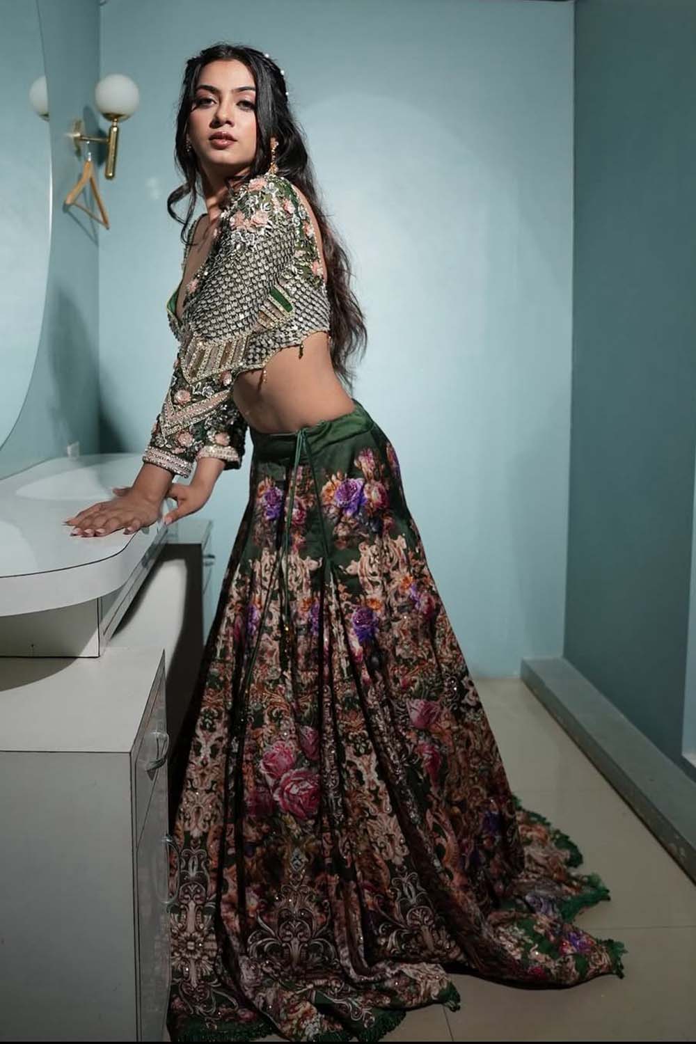 Garvita in Embellished Blouse & Floral Lehenga Set