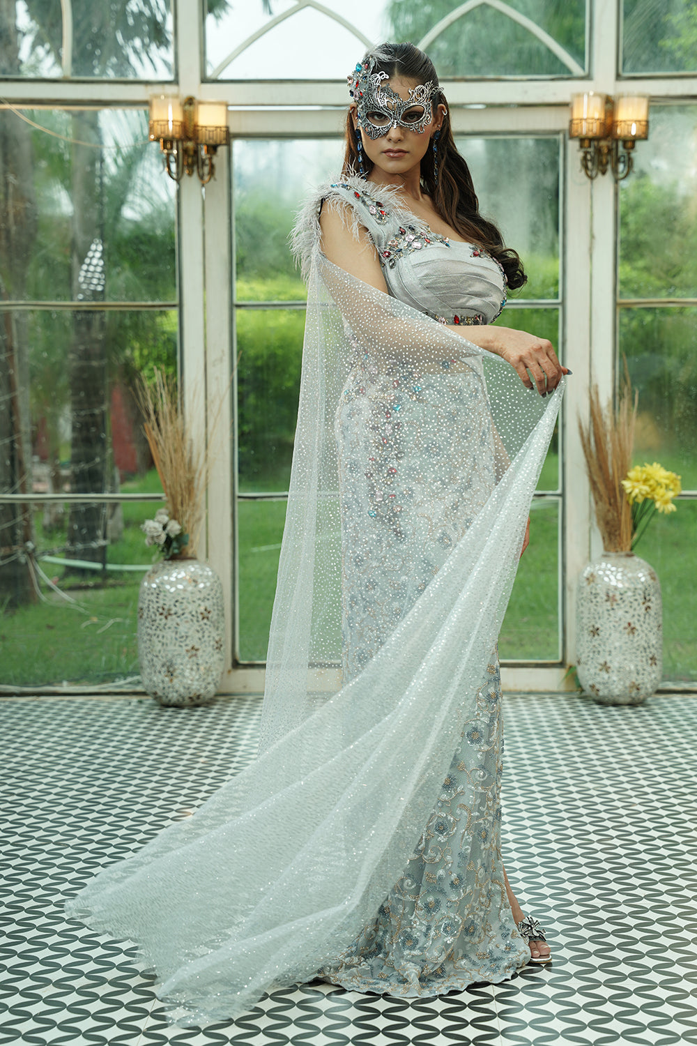 Grey Crystal-Embroidered Couture Evening Gown