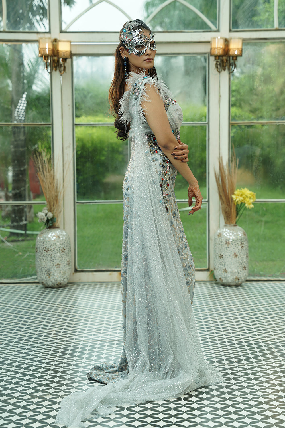 Grey Crystal-Embroidered Couture Evening Gown