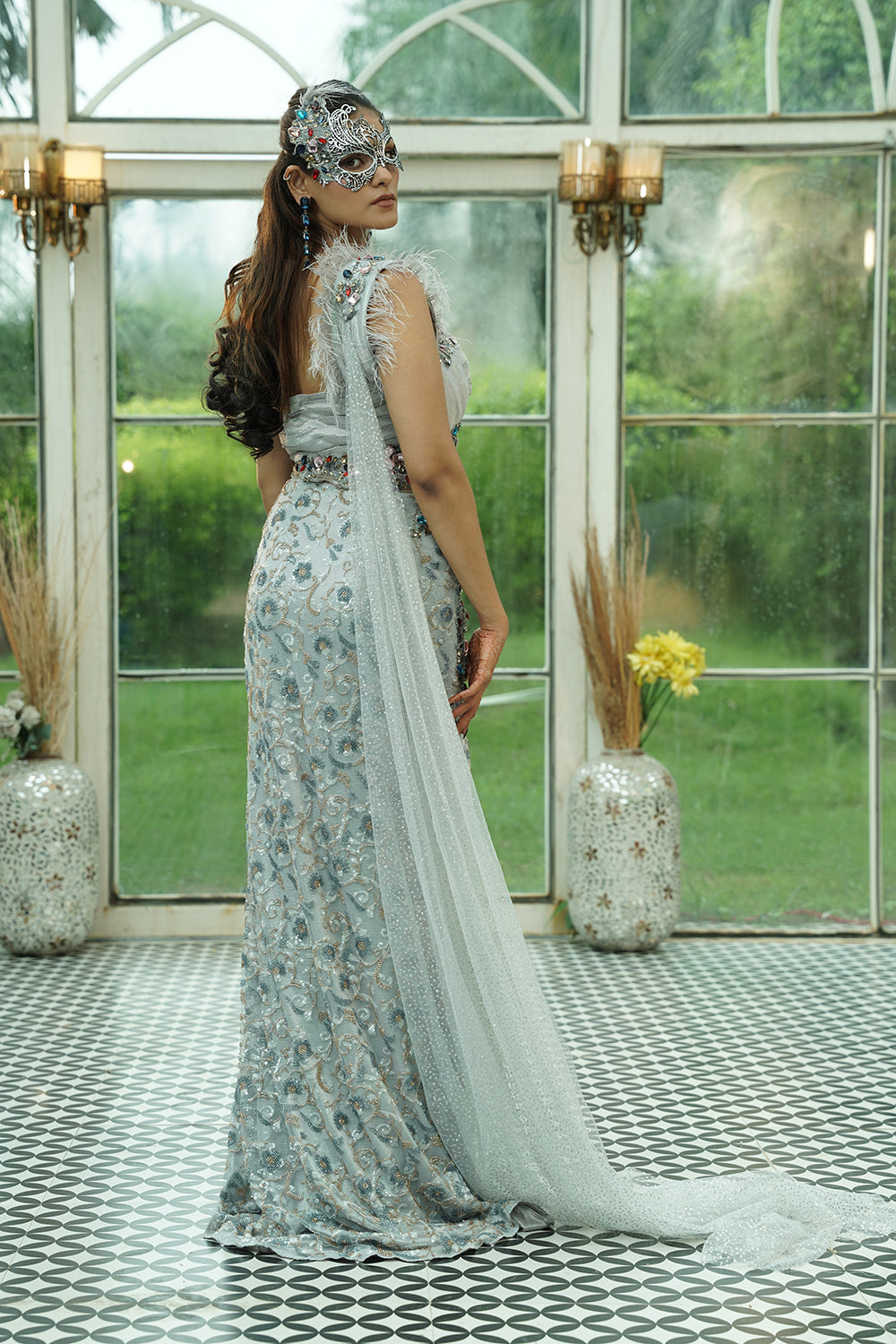Grey Crystal-Embroidered Couture Evening Gown