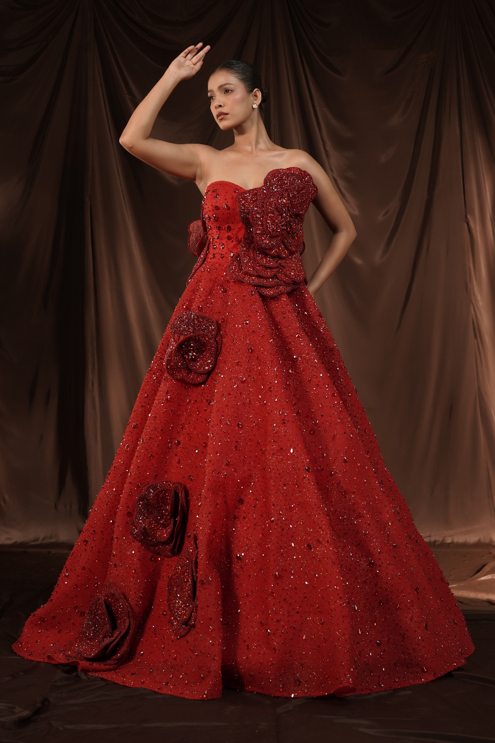 Red-Wine Crystalised 3D Flower Gown