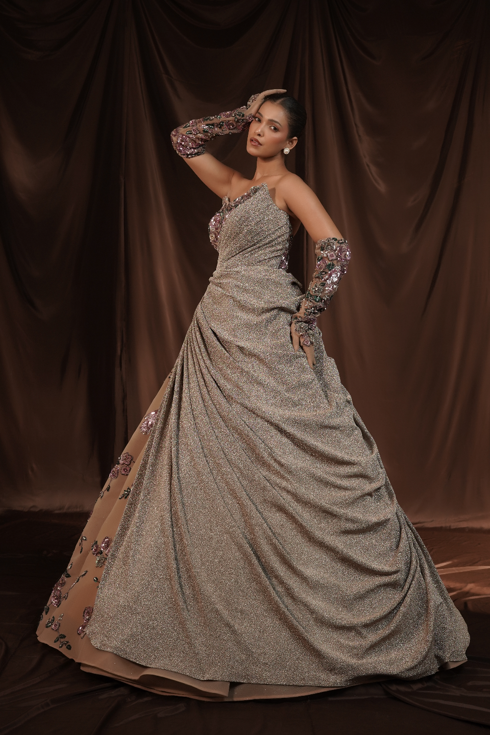 Beige Embellished Off Shoulder Ball Gown
