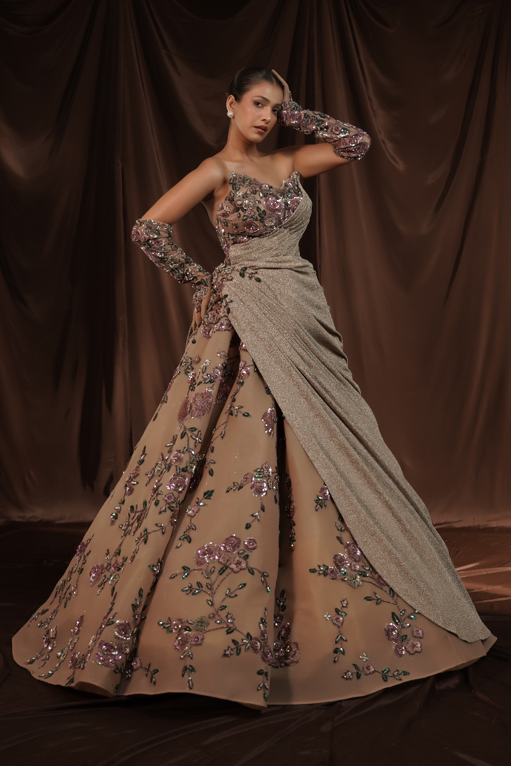 Beige Embellished Off Shoulder Ball Gown