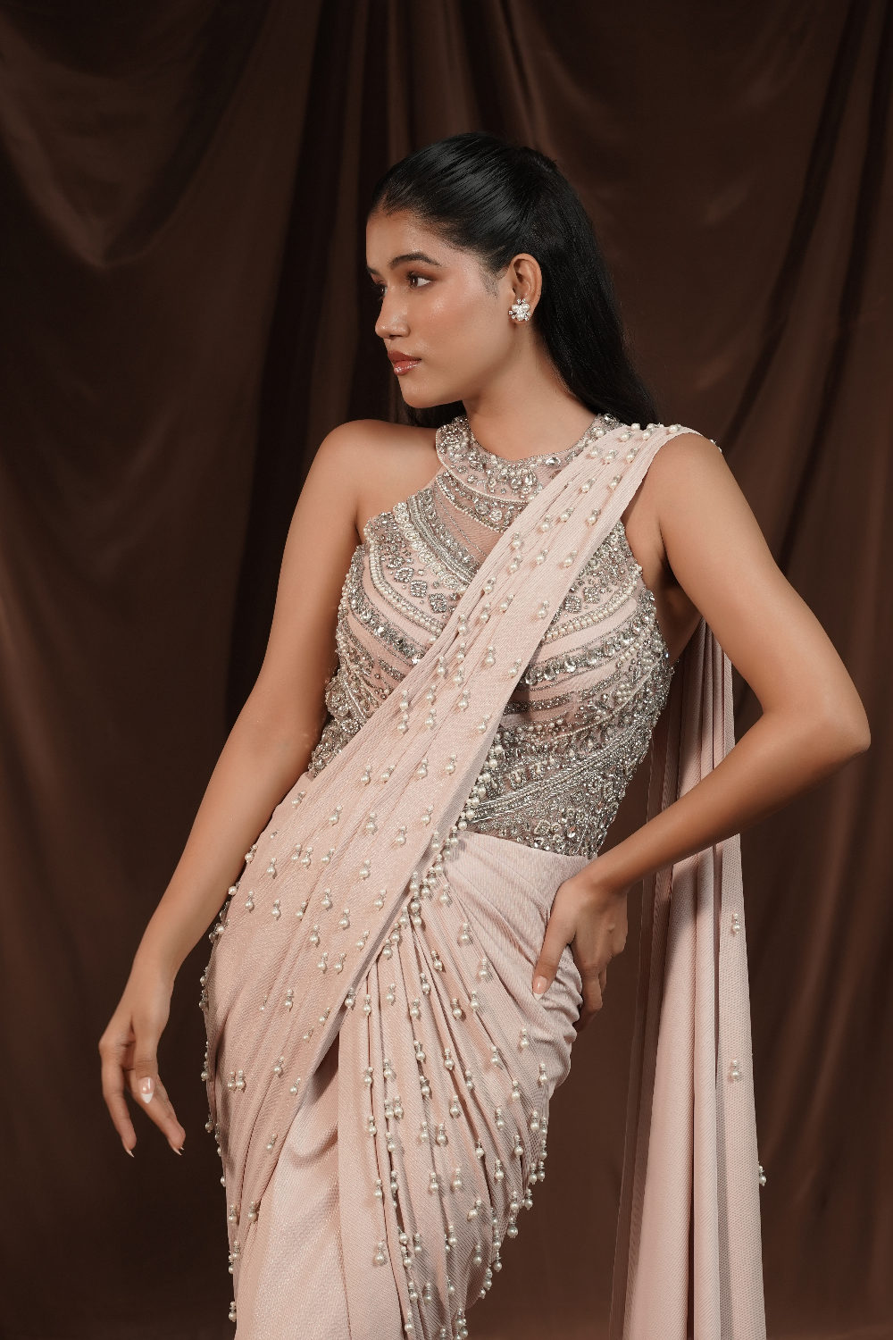 Soft Pink Pearl Drape Saree