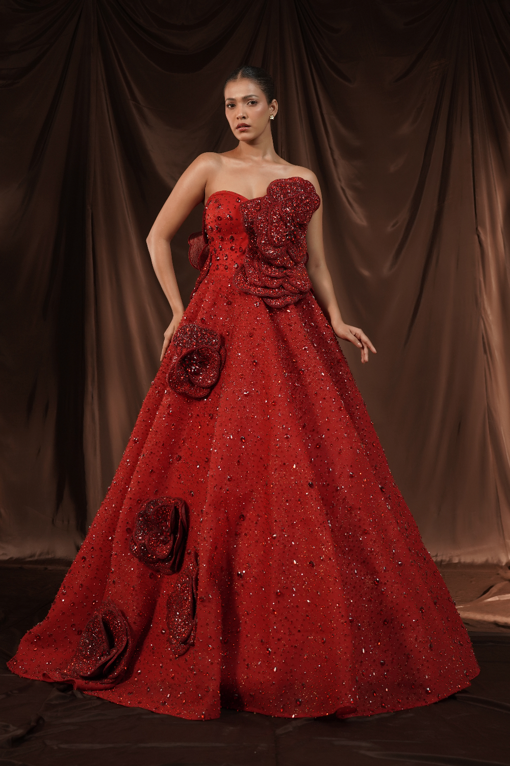 Red-Wine Crystalised 3D Flower Gown