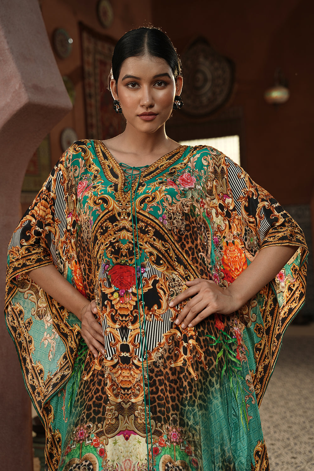 Turquoise Printed Kaftan Gown