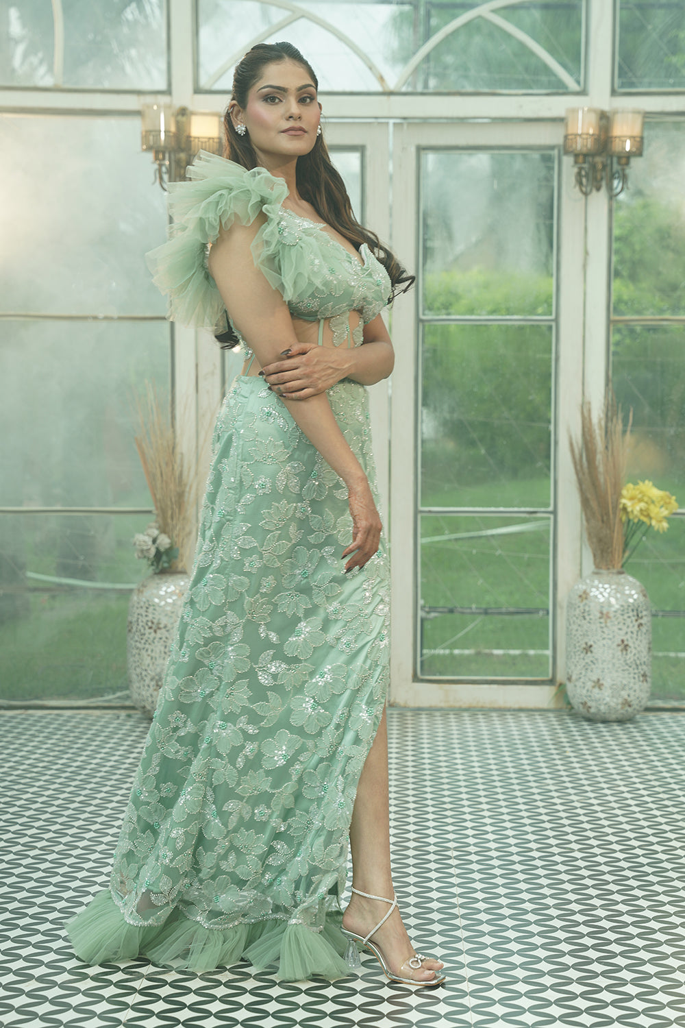Mint Green Ruffled Sleeve Embroidered Evening Gown
