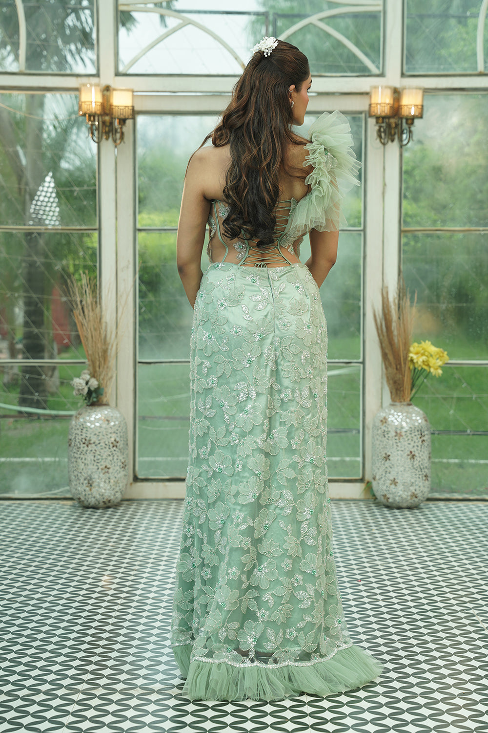 Mint Green Ruffled Sleeve Embroidered Evening Gown