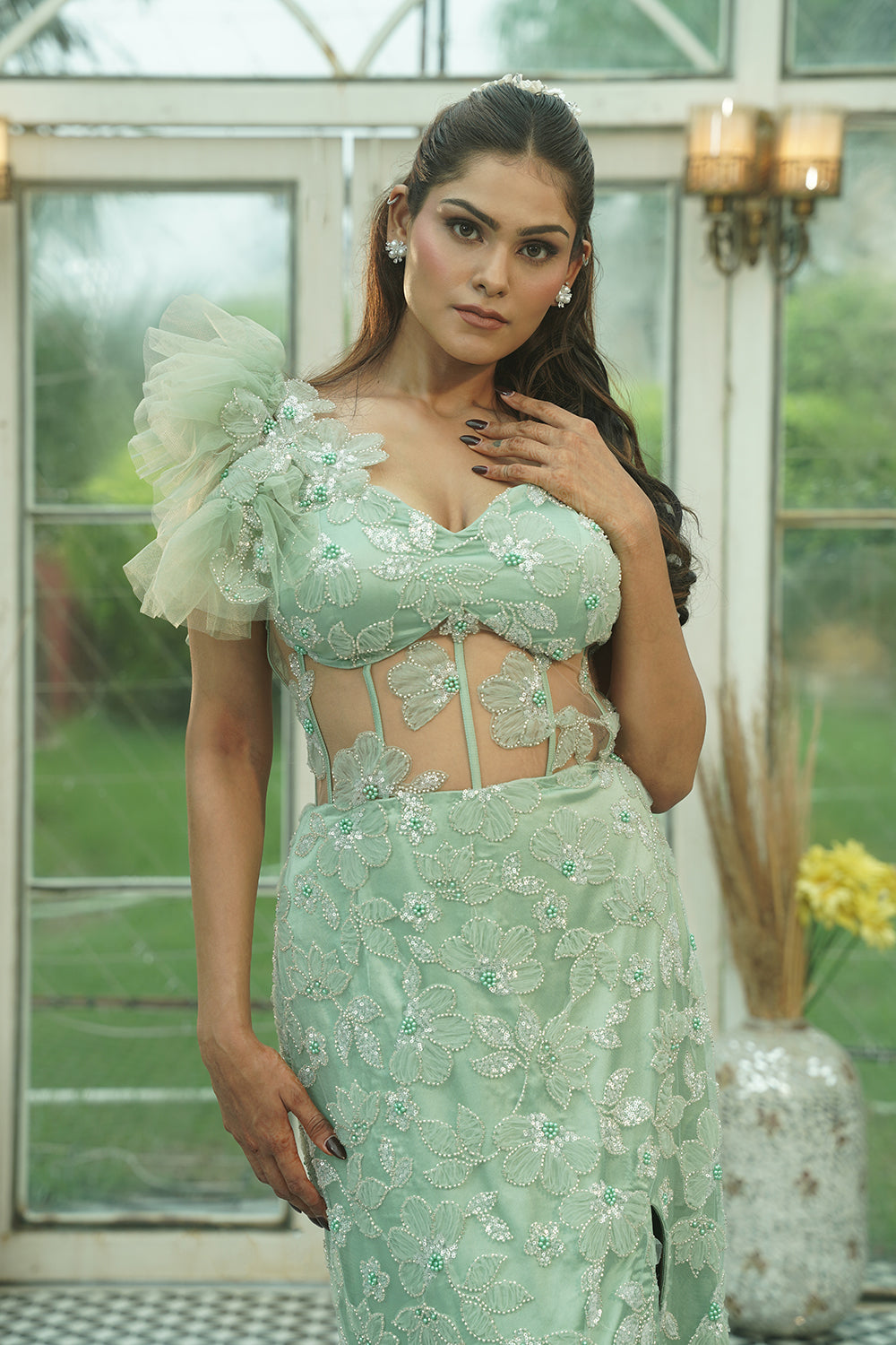 Mint Green Ruffled Sleeve Embroidered Evening Gown