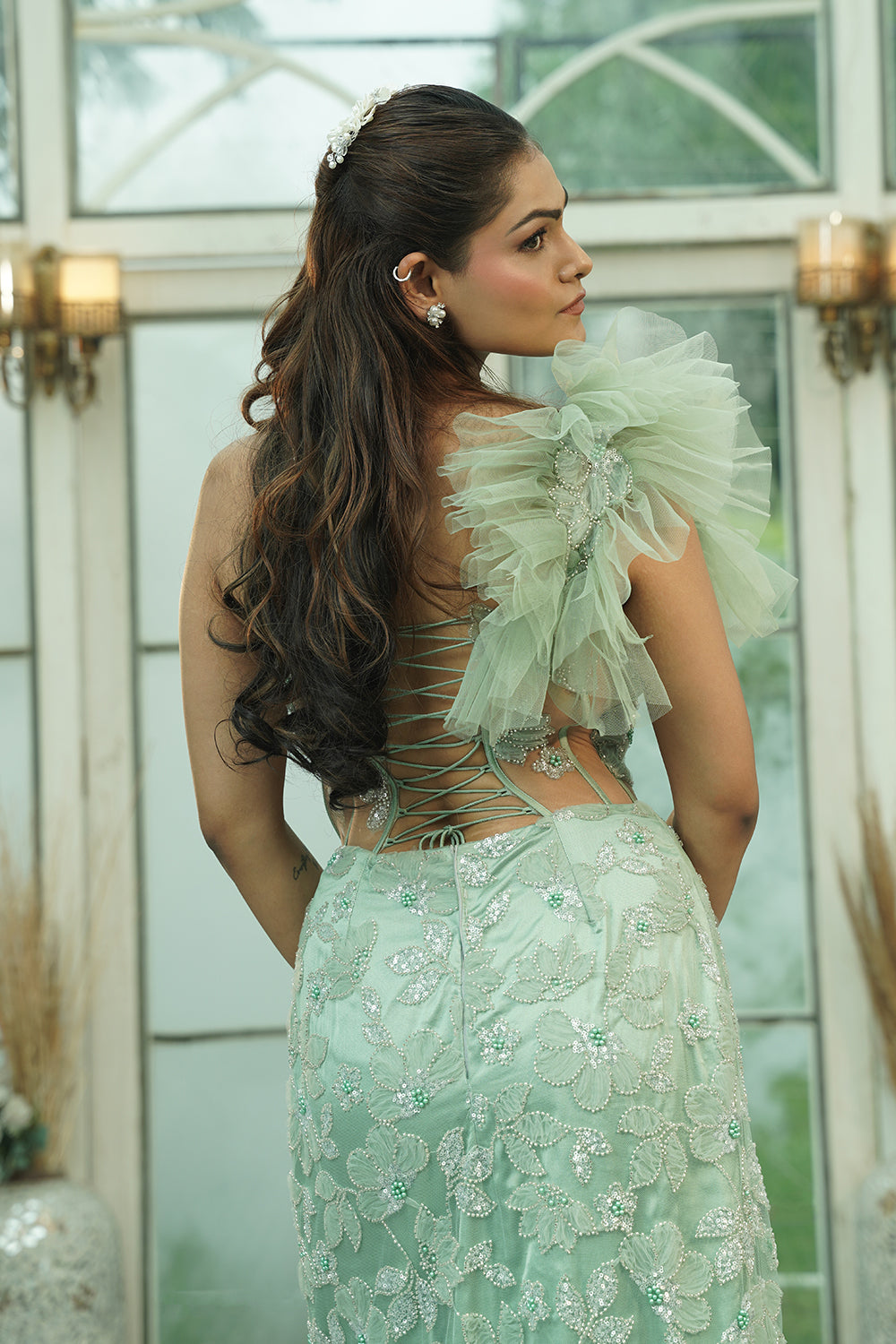 Mint Green Ruffled Sleeve Embroidered Evening Gown