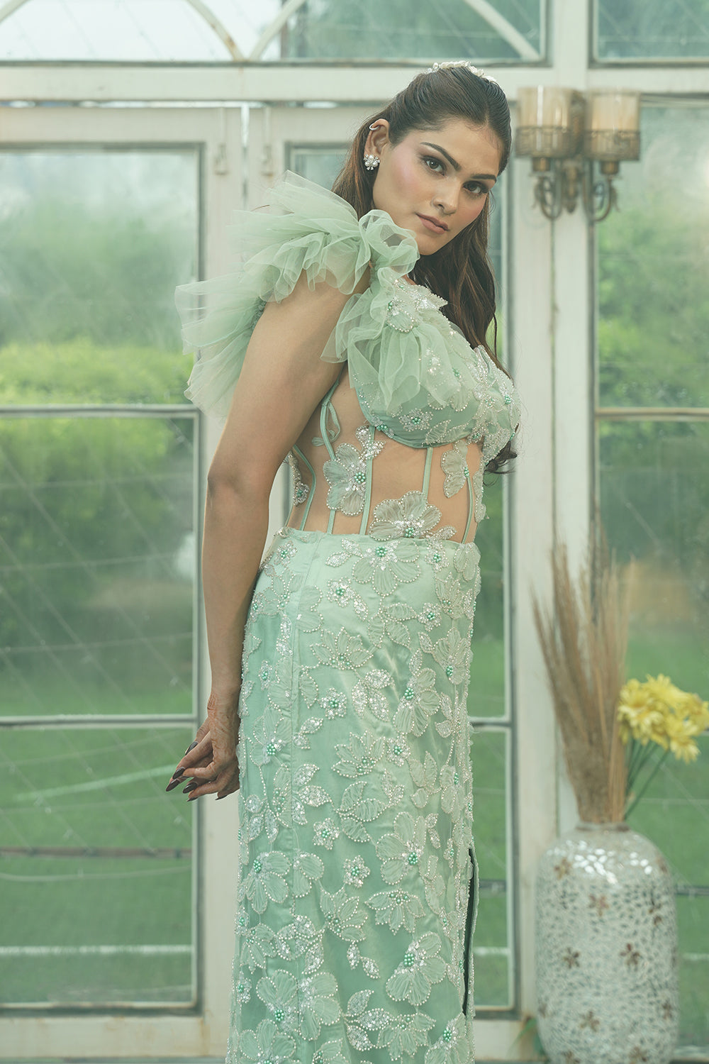 Mint Green Ruffled Sleeve Embroidered Evening Gown
