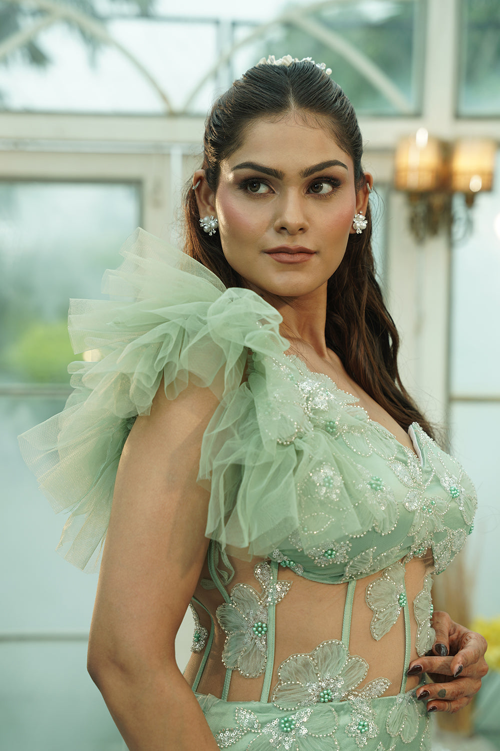 Mint Green Ruffled Sleeve Embroidered Evening Gown