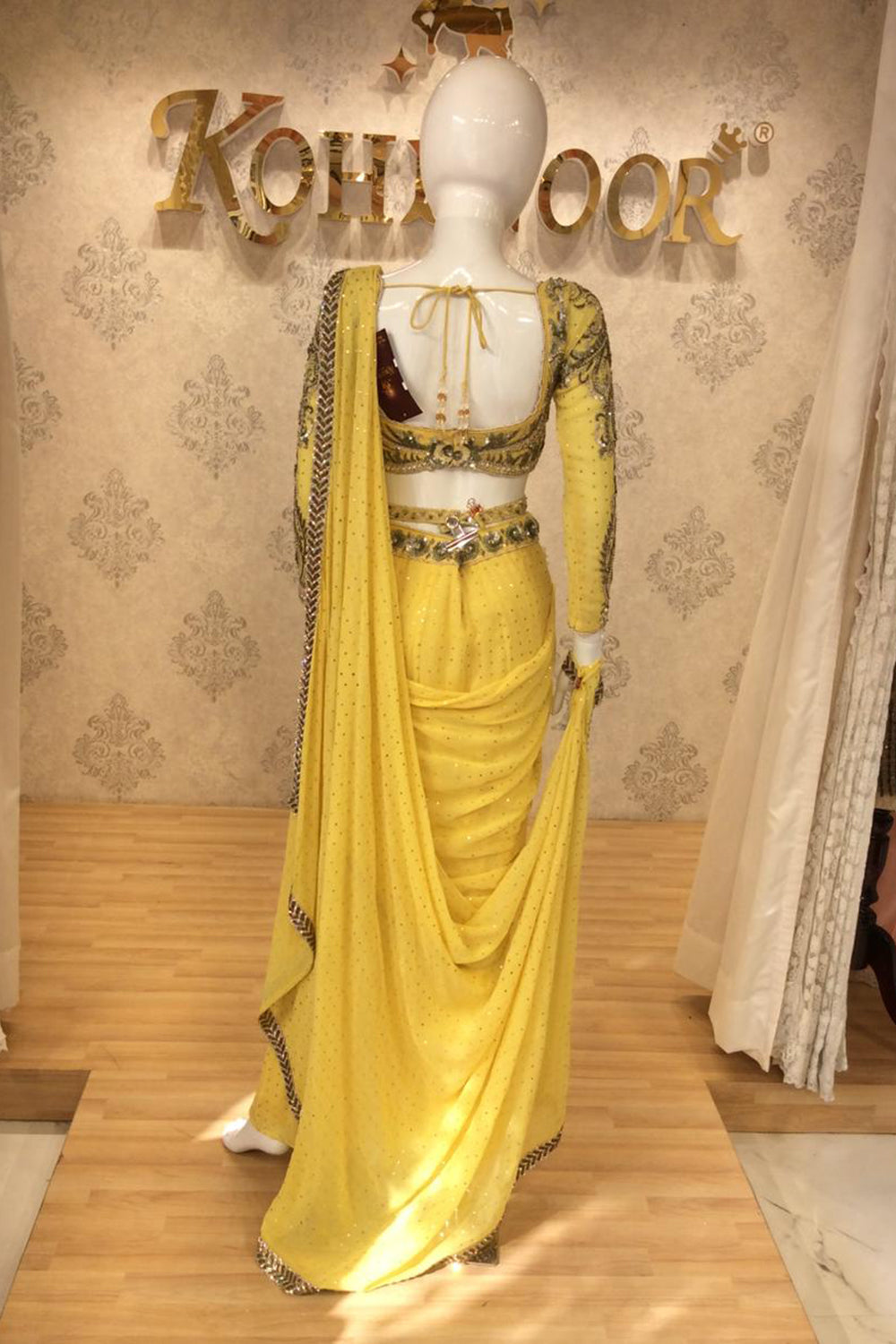 Mustard Yellow Drape Saree Gown with Black & Gold Embroidered Blouse