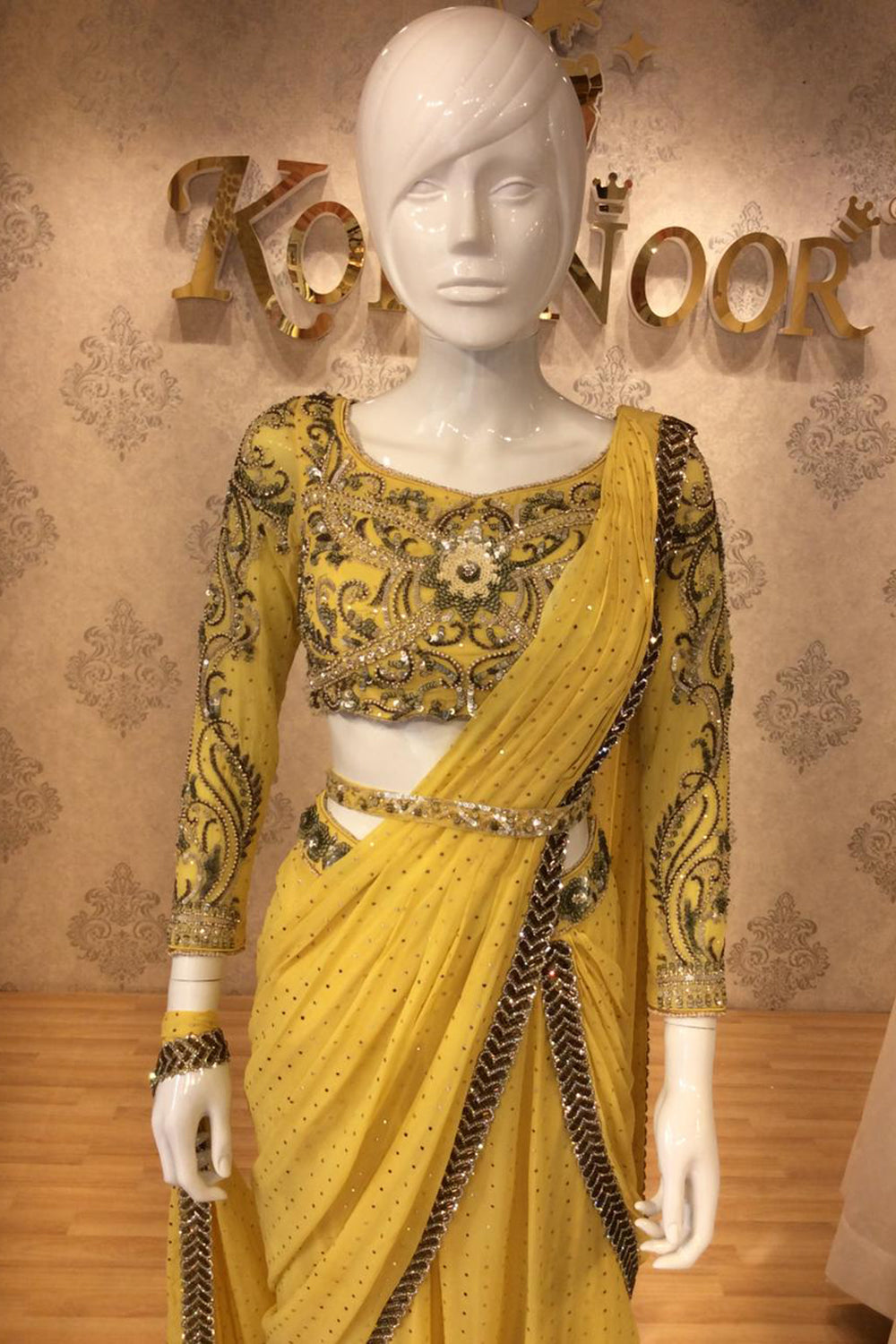 Mustard Yellow Drape Saree Gown with Black & Gold Embroidered Blouse