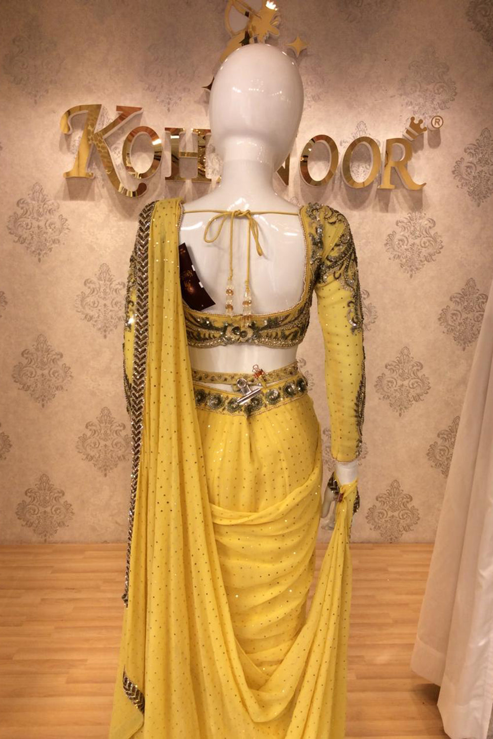 Mustard Yellow Drape Saree Gown with Black & Gold Embroidered Blouse