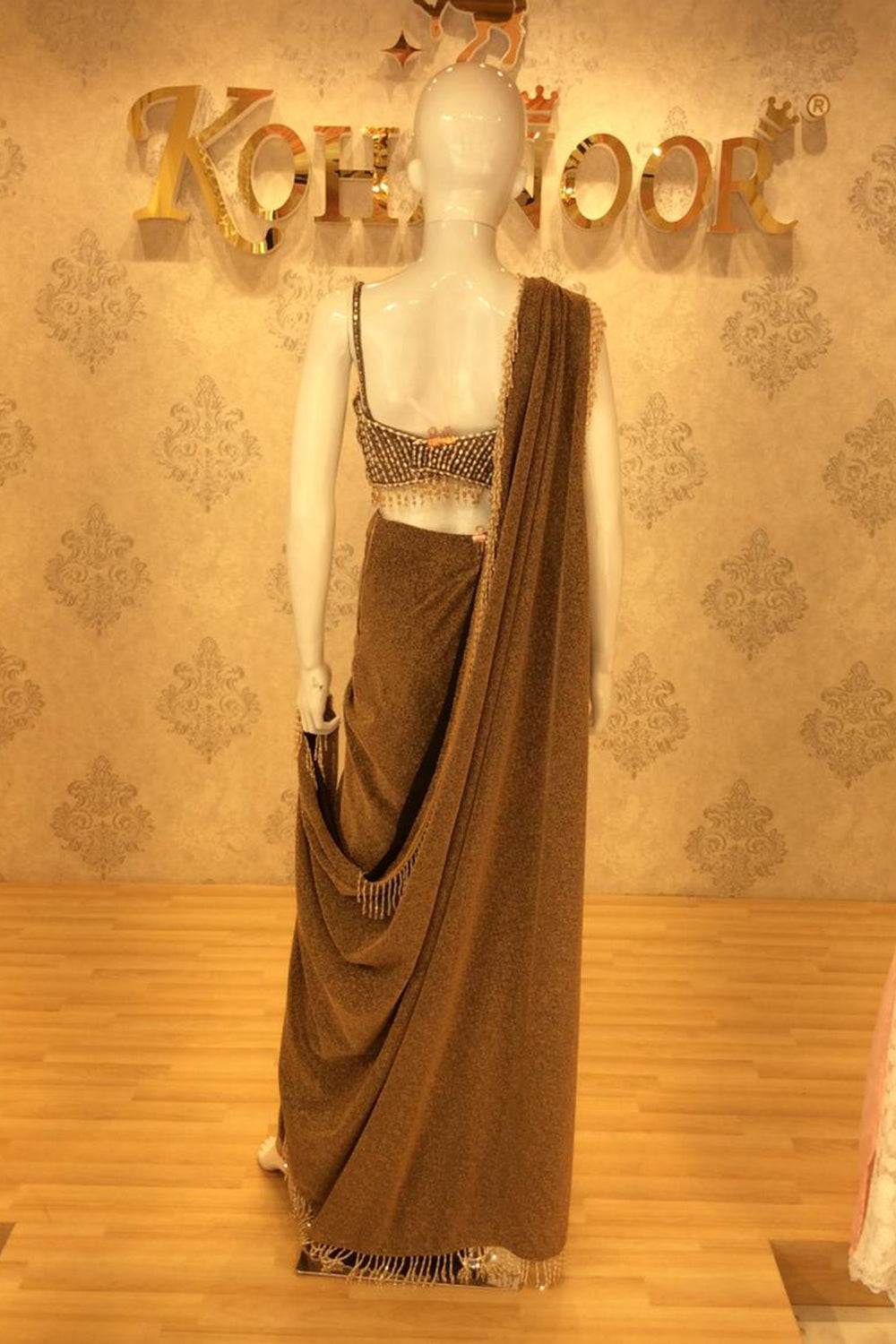 Olive Draped Saree Gown with Sequined Asymmetric Bustier
