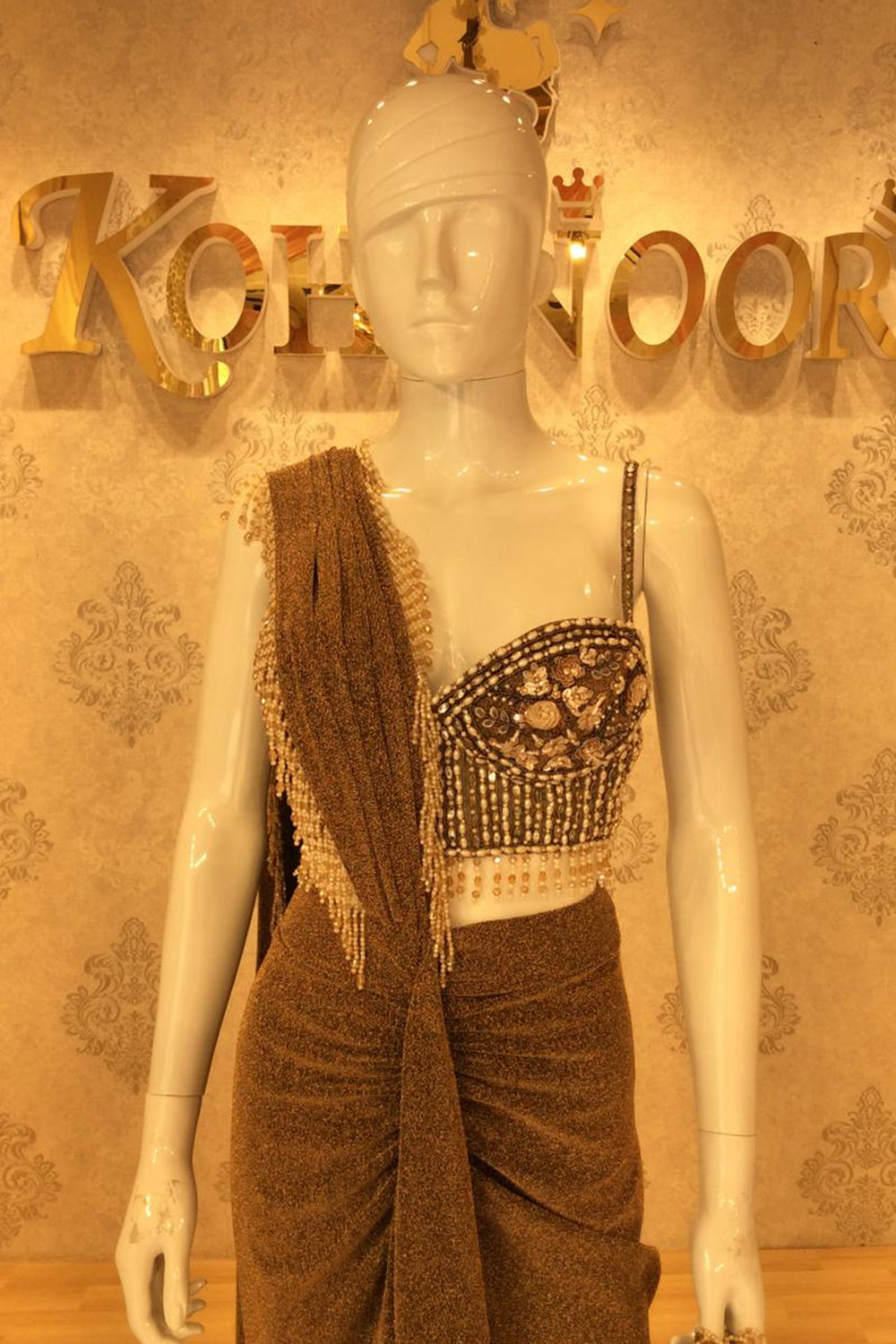 Olive Draped Saree Gown with Sequined Asymmetric Bustier