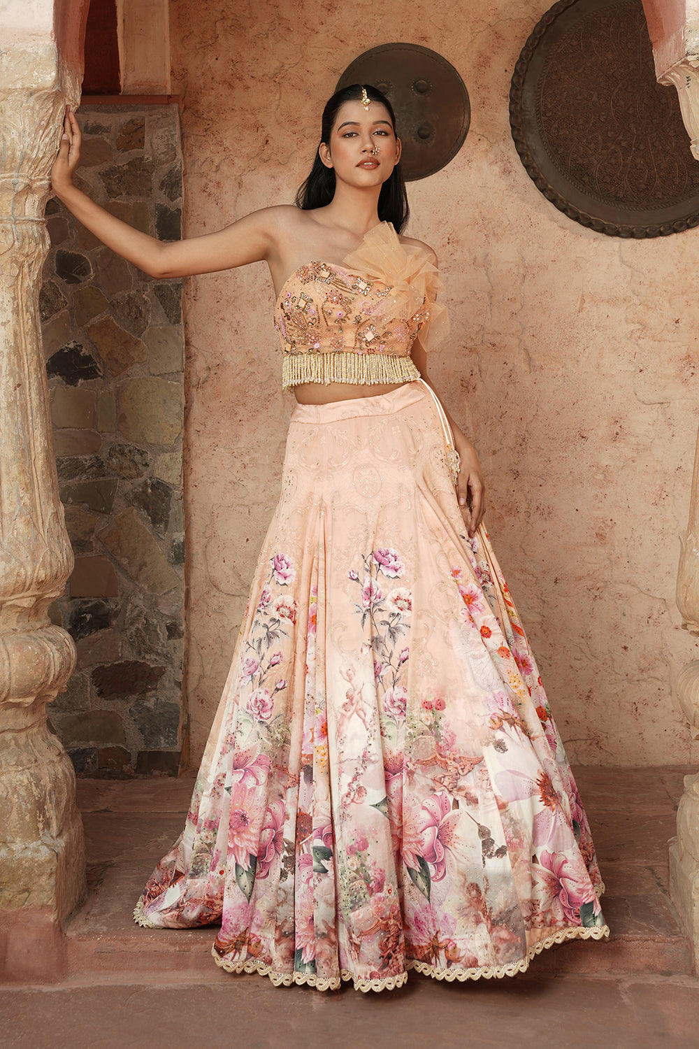 One Shoulder Elegant Soft Blush Floral Lehenga Set