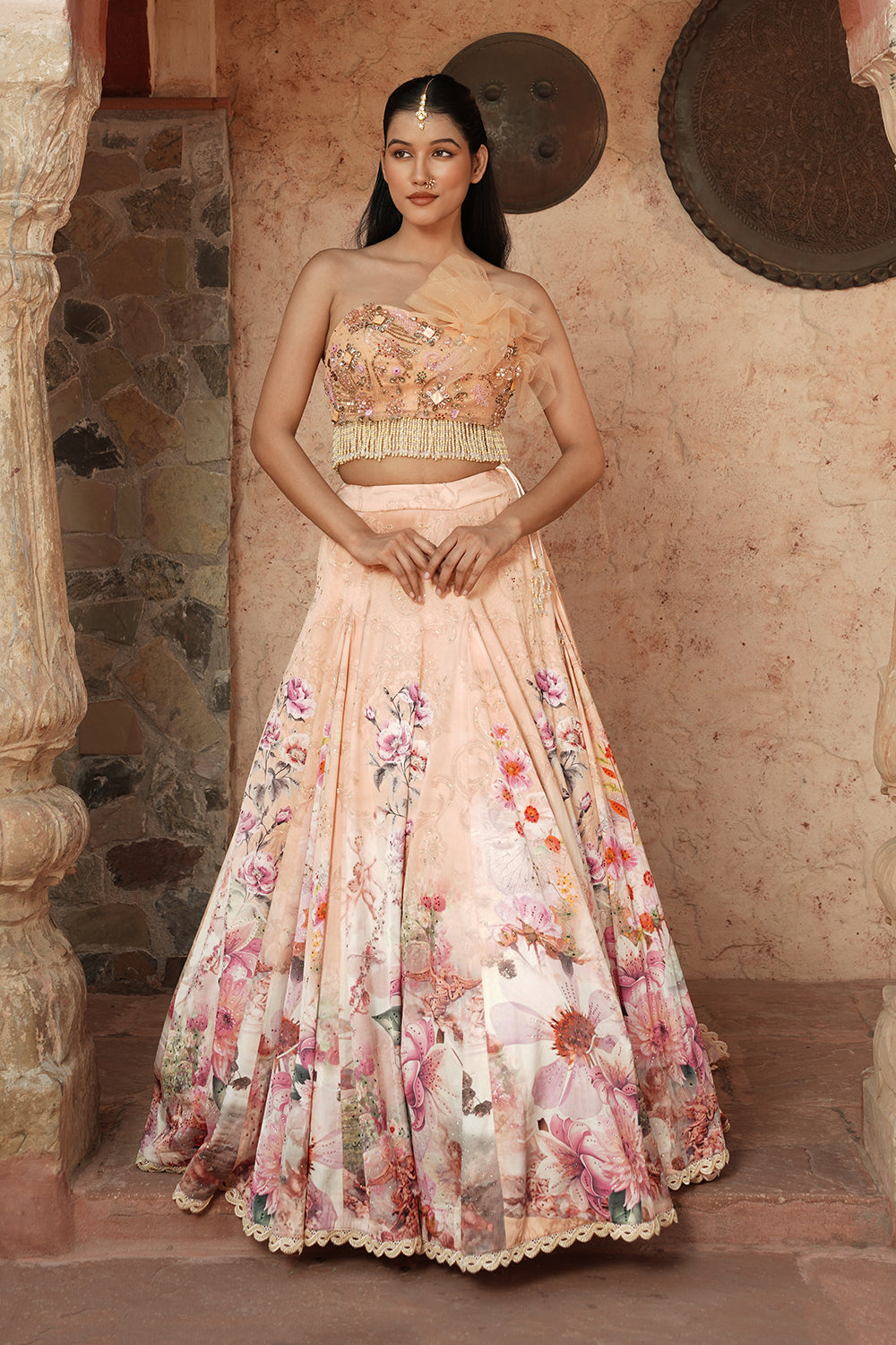 One Shoulder Elegant Soft Blush Floral Lehenga Set