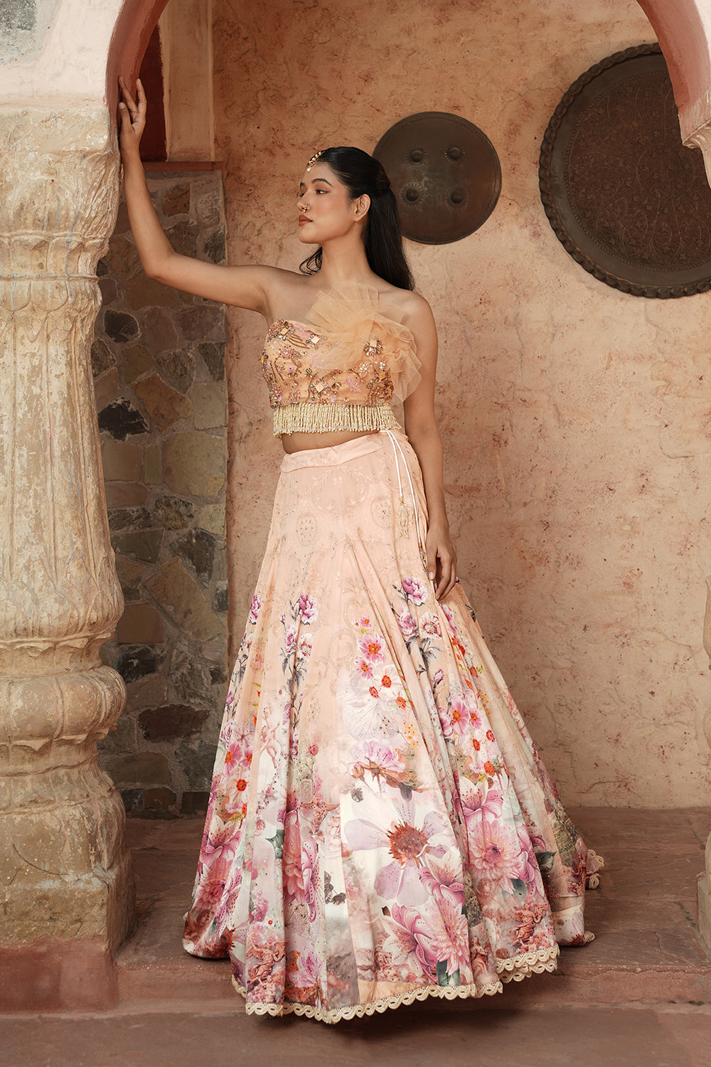 One Shoulder Elegant Soft Blush Floral Lehenga Set