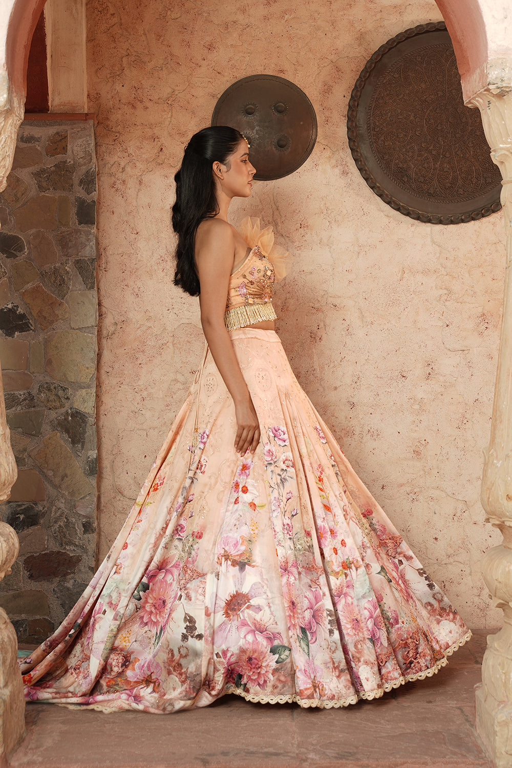 One Shoulder Elegant Soft Blush Floral Lehenga Set