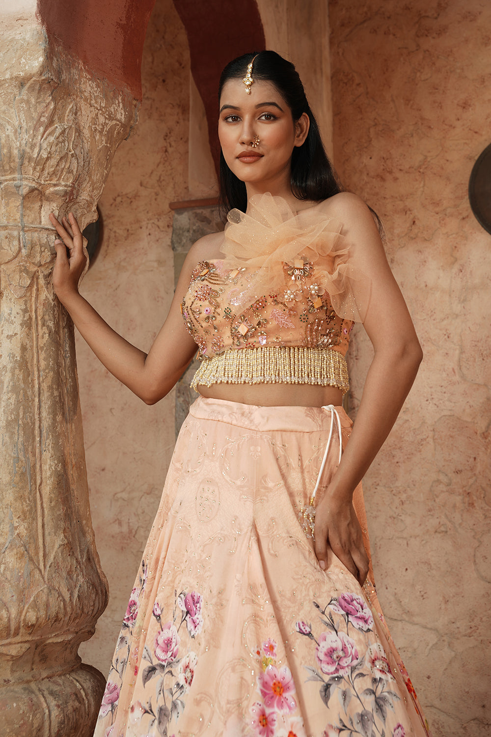 One Shoulder Elegant Soft Blush Floral Lehenga Set