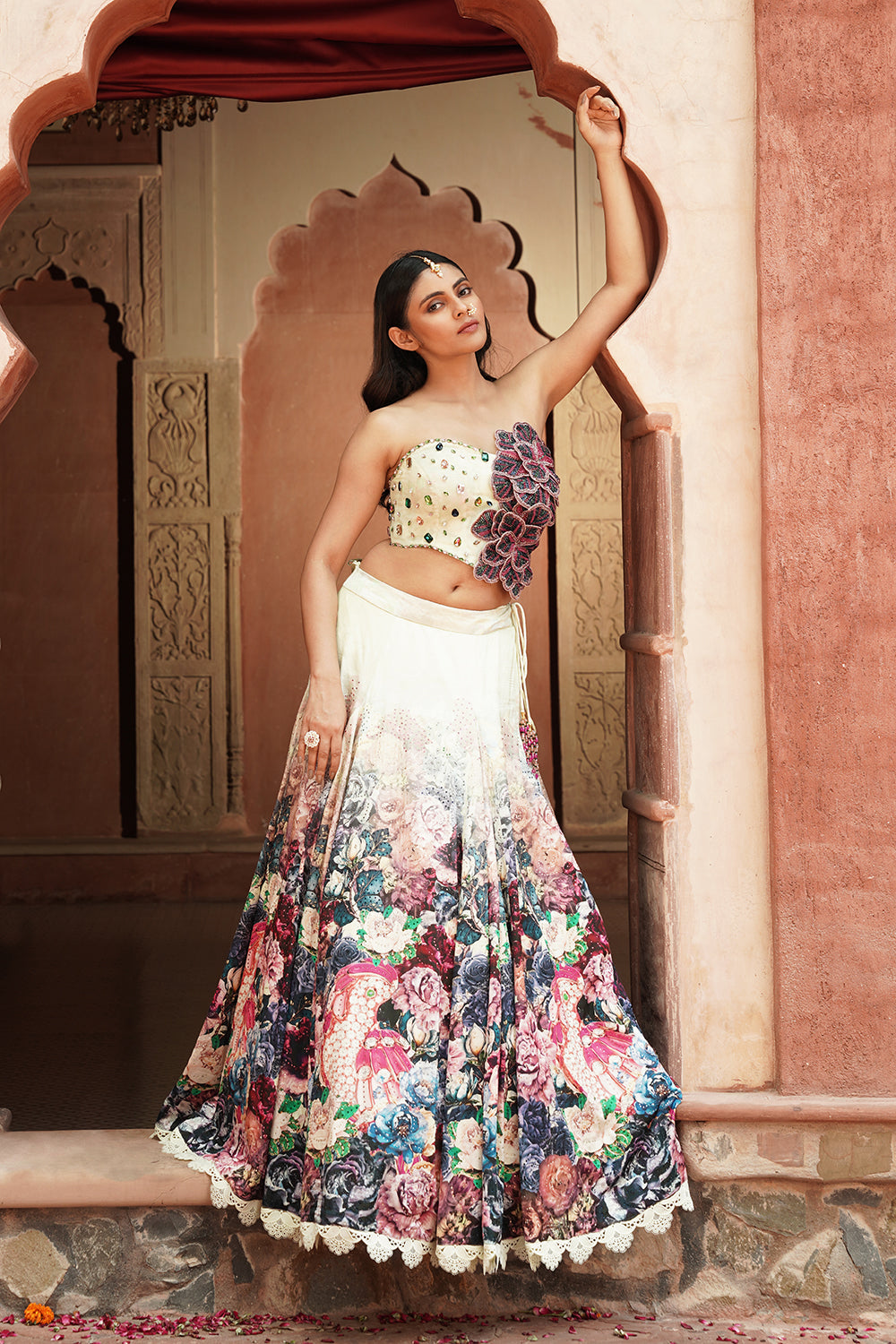 One Shoulder Floral Pastel Designer Lehenga Set