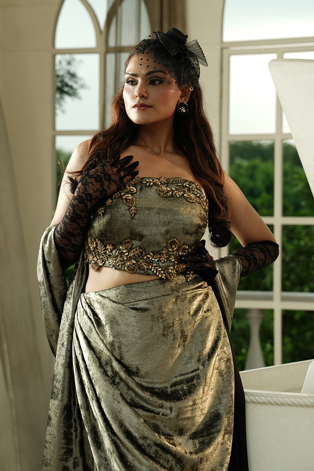 Opulent Silver Baroque Gown with Lace Gloves & Dramatic Cape Train