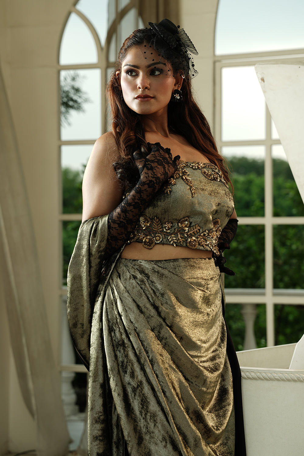 Opulent Silver Baroque Gown with Lace Gloves & Dramatic Cape Train